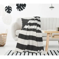 Charcoal And White Striped Cotton Throw-Kirkland's Home Discount