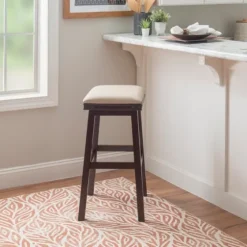 Chestnut Wood Upholstered Leather Bar Stool-Kirkland's Home Online