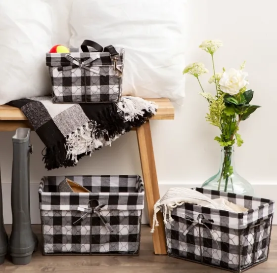 Chicken Wire And Buffalo Check Baskets, Set Of 3-Kirkland's Home Sale