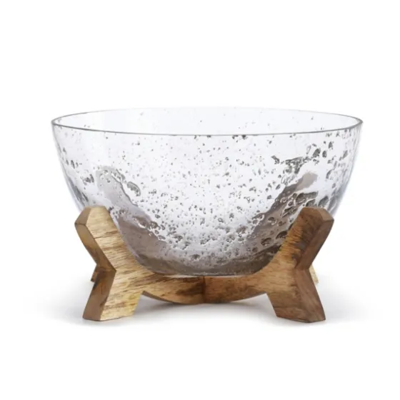 Clear Bubbled Glass Bowl On Wood Stand-Kirkland's Home Sale