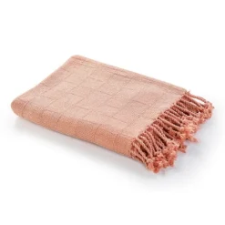 Coral Checkered Weave Fringe Throw-Kirkland's Home Outlet