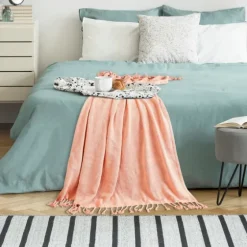 Coral Checkered Weave Fringe Throw-Kirkland's Home Outlet