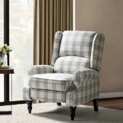 Cream And Gray Plaid Traditional Recliner-Kirkland's Home Outlet