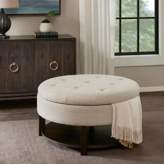 Cream Button Tufted Storage Ottoman-Kirkland's Home Online