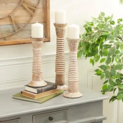 Cream Mango Wood Candle Holders, Set Of 3-Kirkland's Home Flash Sale