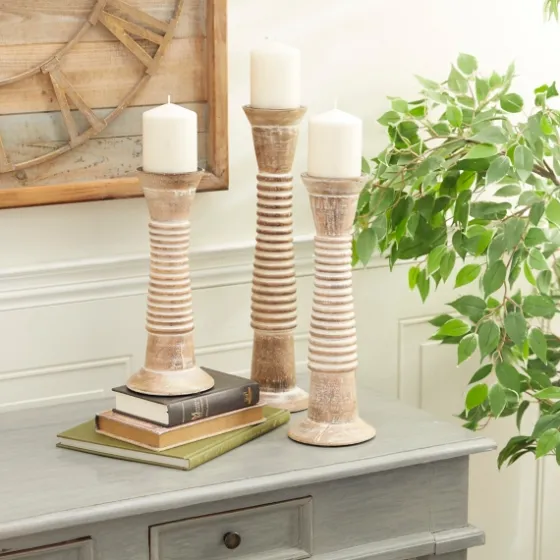 Cream Mango Wood Candle Holders, Set Of 3-Kirkland's Home Flash Sale