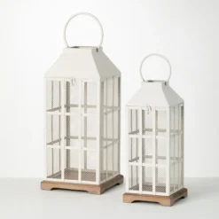 Cream Metal Paned Wood Base Lanterns, Set Of 2-Kirkland's Home Best