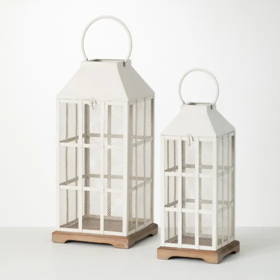 Cream Metal Paned Wood Base Lanterns, Set Of 2-Kirkland's Home Best