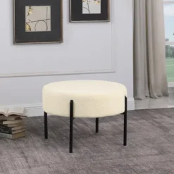 Cream Sherpa Upholstered Metal Ottoman-Kirkland's Home Clearance