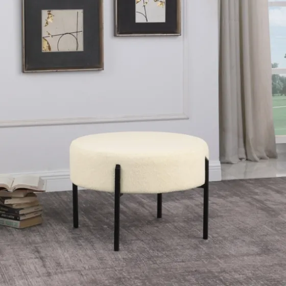 Cream Sherpa Upholstered Metal Ottoman-Kirkland's Home Clearance