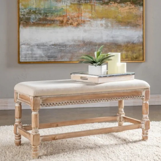 Cream Upholstered And Wooden Bench-Kirkland's Home Shop