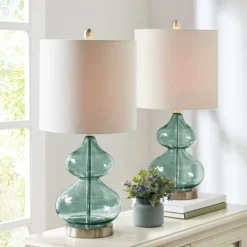 Curved Blue Glass Table Lamps, Set Of 2-Kirkland's Home Clearance