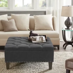 Dark Espresso Button Tufted Leather Ottoman-Kirkland's Home Hot