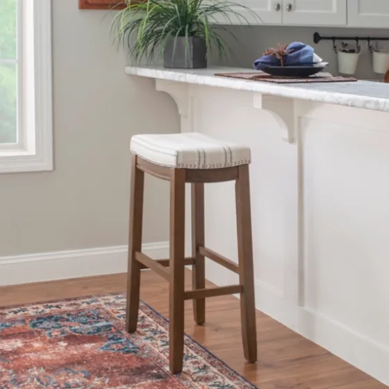 Dark Wood Bar Stool With Striped Cushion-Kirkland's Home Store