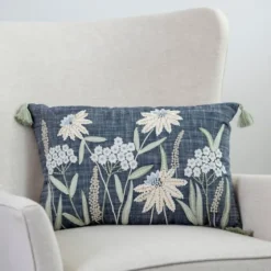 Denim Floral Embroidered Lumbar Throw Pillow-Kirkland's Home Clearance