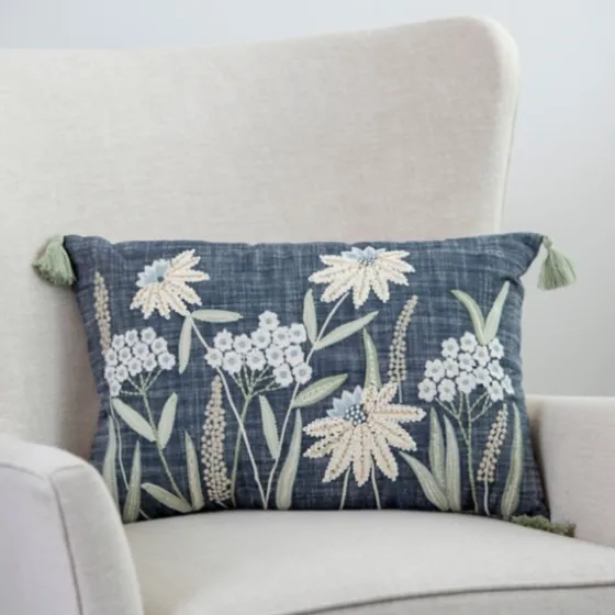 Denim Floral Embroidered Lumbar Throw Pillow-Kirkland's Home Clearance