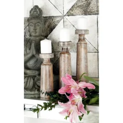 Distressed Mocha Mango Wood Candlesticks, Set Of 3-Kirkland's Home New