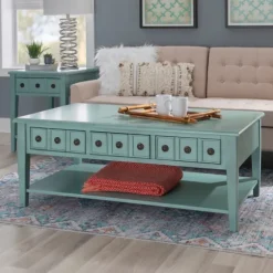 Distressed Turquoise Wood 3-Drawer Coffee Table-Kirkland's Home Fashion