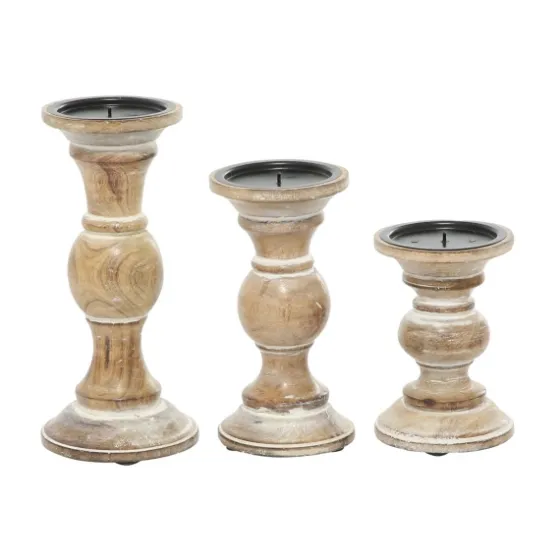 Distressed Wood Pillar Candle Holders, Set Of 3-Kirkland's Home Outlet