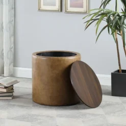 Faux Leather Wood Top Storage Ottoman-Kirkland's Home Cheap