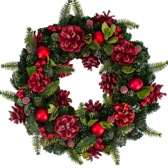 Frosted Red Ornament And Pinecone Wreath-Kirkland's Home Discount