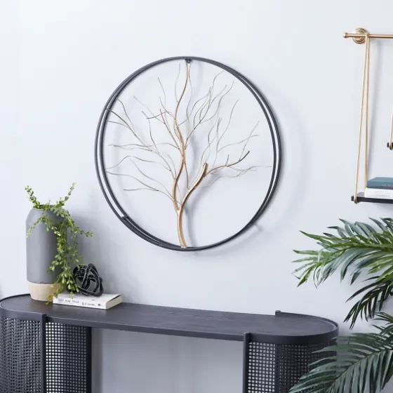 Gold Iron Leaf-Less Tree Round Frame Wall Plaque-Kirkland's Home Hot