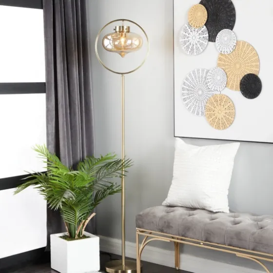 Gold Metal C-Curve Arch Arm Glass Shade Floor Lamp-Kirkland's Home Outlet