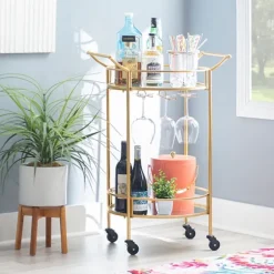 Gold Metal Frame Bar Cart With Mirrored Shelves-Kirkland's Home Cheap