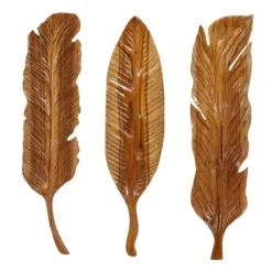 Gold Teak Carved Feather Wall Plaques, Set Of 3-Kirkland's Home Shop