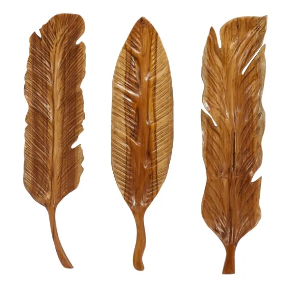 Gold Teak Carved Feather Wall Plaques, Set Of 3-Kirkland's Home Shop
