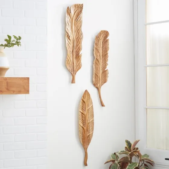 Gold Teak Carved Feather Wall Plaques, Set Of 3-Kirkland's Home Shop