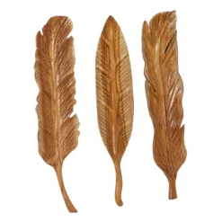 Gold Teak Carved Feather Wall Plaques, Set Of 3-Kirkland's Home Shop