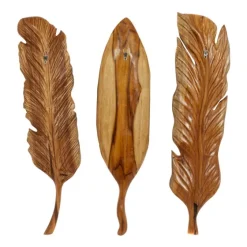 Gold Teak Carved Feather Wall Plaques, Set Of 3-Kirkland's Home Shop