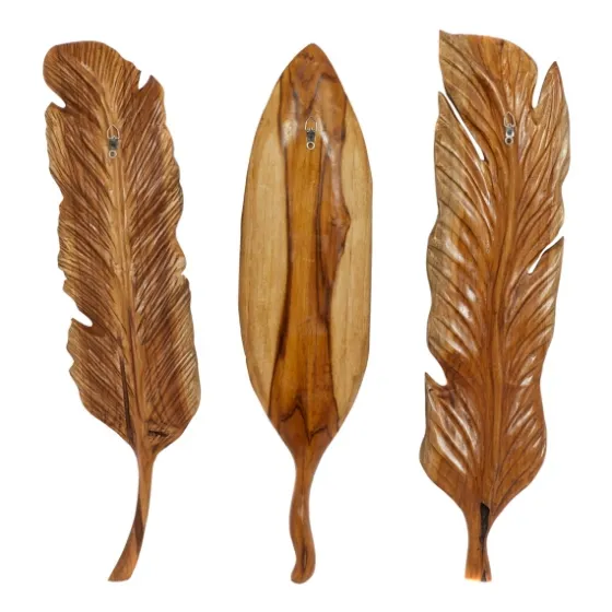 Gold Teak Carved Feather Wall Plaques, Set Of 3-Kirkland's Home Shop