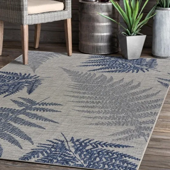 Gray And Navy Falling Ferns Outdoor Area Rug, 5X7-Kirkland's Home Shop