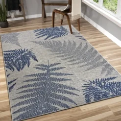 Gray And Navy Falling Ferns Outdoor Area Rug, 5X7-Kirkland's Home Shop