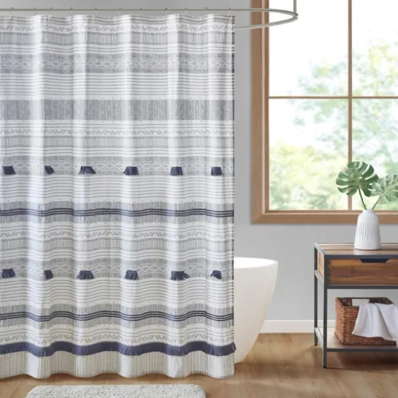 Gray And Navy Striped Fringe Shower Curtain-Kirkland's Home Flash Sale