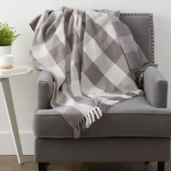 Gray And White Buffalo Check Woven Fringe Throw-Kirkland's Home Discount