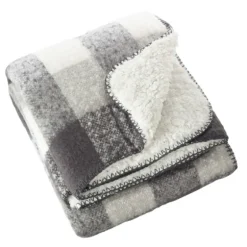 Gray And White Plaid Faux Mohair Sherpa Throw-Kirkland's Home Online