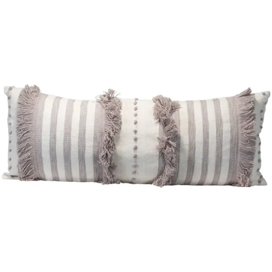 Gray And White Striped Fringe Lumbar Pillow-Kirkland's Home Outlet