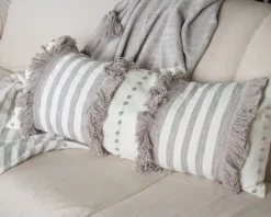 Gray And White Striped Fringe Lumbar Pillow-Kirkland's Home Outlet