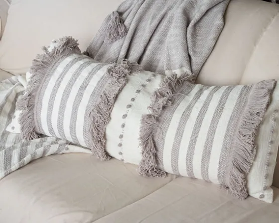 Gray And White Striped Fringe Lumbar Pillow-Kirkland's Home Outlet