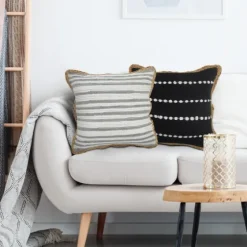 Gray And White Stripped Jute Border Accent Pillow-Kirkland's Home New