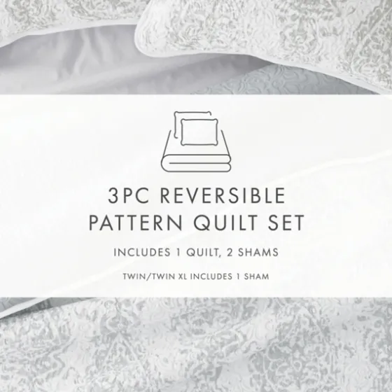 Gray Damask Reversible 3-Pc. King Quilt Set-Kirkland's Home Shop