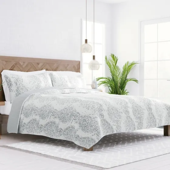 Gray Damask Reversible 3-Pc. Queen Quilt Set-Kirkland's Home Online