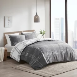 Gray Plaid Reversible 3-Pc. King Duvet Cover Set-Kirkland's Home Cheap