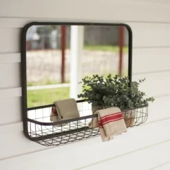 Gray Rectangular Mirror With Wire Basket-Kirkland's Home Hot