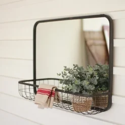 Gray Rectangular Mirror With Wire Basket-Kirkland's Home Hot