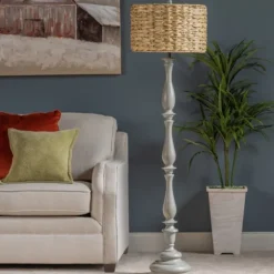 Gray Resin Floor Lamp With Hand Woven Raffia Shade-Kirkland's Home Discount