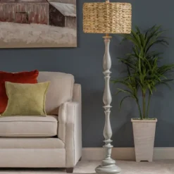 Gray Resin Floor Lamp With Hand Woven Raffia Shade-Kirkland's Home Discount